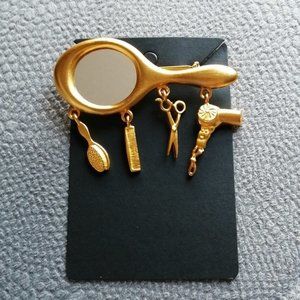 Vintage 1986 JJ Jonette Mirror, Comb, Scissors, Fan Dangle Brooch Pin